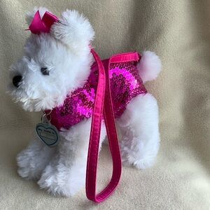 Payless Shoes White Plush Puppy Dog Purse Hot Pink Sequins and Bow Zipper Back